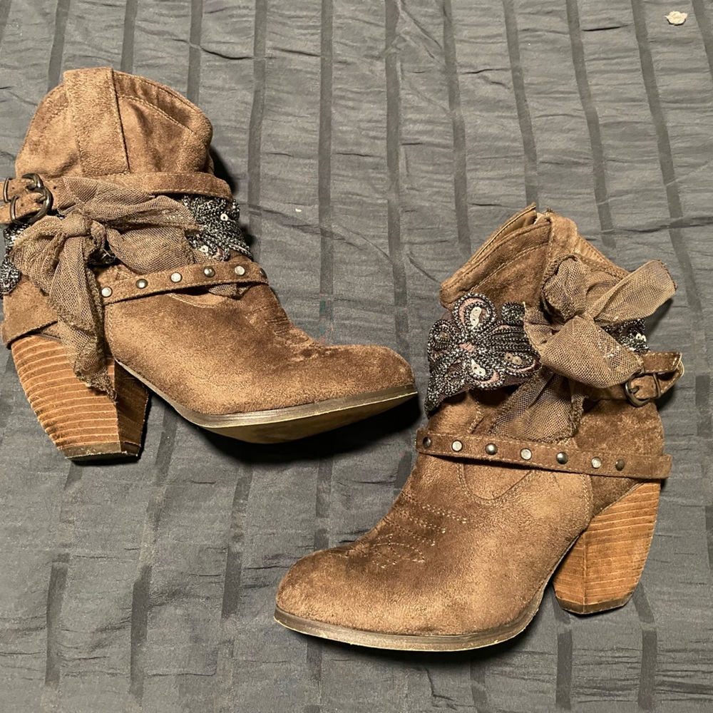 Not Rated Brown Ankle Boots with Bow and Stud Detail